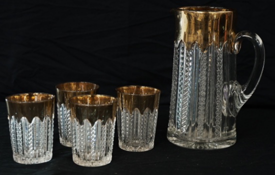 EAPG WATER SET PITCHER W/4 GLASSES ZIPPER PATTERN EARLY AMERICAN PRESSED GLASS WITH GOLD ACCENT