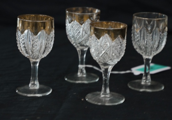EAPG GOLD TONE CORDIALS SET OF 4 EARLY AMERICA PRESSED GLASS ZIPPER PATTERN