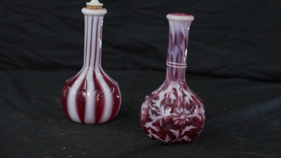 2 VINTAGE FENTON BARBER BOTTLES PINK & WHITE