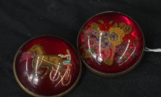 TWO VINTAGE ACRYLIC PINBACKS