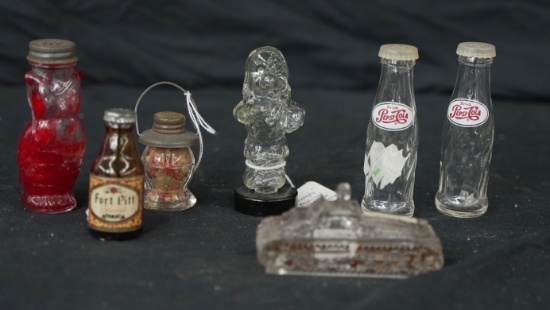 VINTAGE LOT CANDY CONTAINERS,SALT & PEPPER,MISC PEPSI SALT & PEPPER.SHIP,LANTERN,OWL,DWARF GLASS CAN