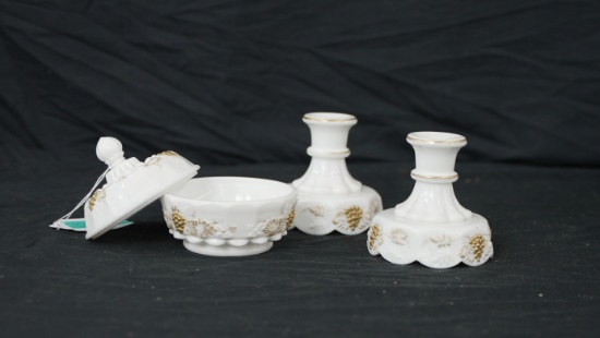 WESTMORELAND LEAF AND GRAPE BOWL AND CANDLEHOLDERS