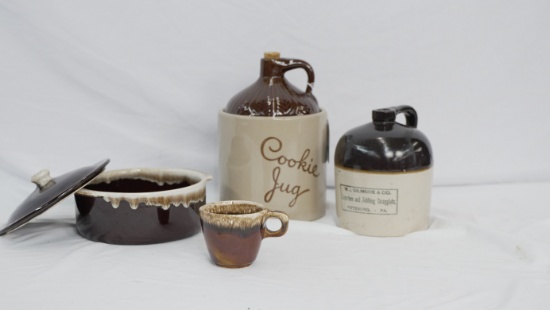 LOT OF MISC BROWNWARE SOME DAMAGE COOKIE JAR AND JUGS HAVE CRACKS
