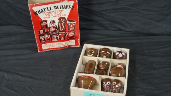 VINTAGE RED CLAY FIGURAL BARWARE ORIGINAL BOX