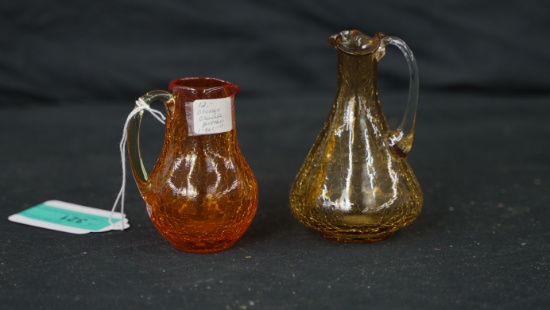 2 SMALL CRACKLE GLASS PITCHERS ORANGE & YELLOW