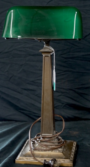 18 INCH BRASS EMERALIGHT DESK LAMP ART DECO. 17 INCHES. SMALL CHIP BOTTOM OF FRONT SHADE