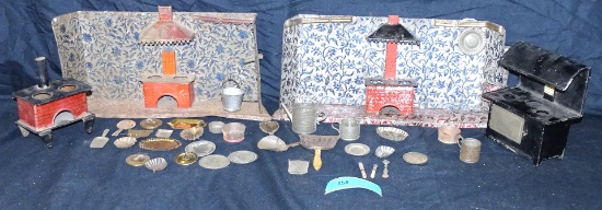 TIN DOLL HOUSES & ACCESSORIES KITCHENS ETC.40+ PCS OVER 40 PCS. OF TIN ACCESSORIES FIRE PLACES, KITC