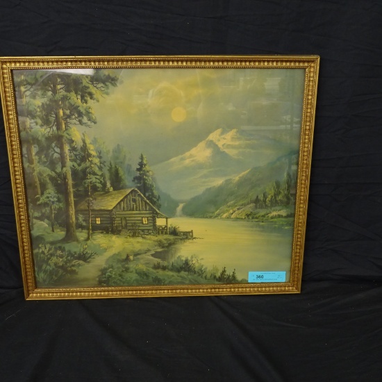 VINTAGE 1930'S SOFA PRINT LOG CABIN ON LAKE