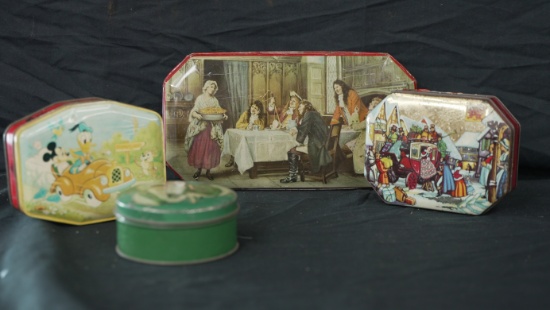 4 VINTAGE COLLECTIBLE TINS GOOD CHEER,DICKENS,IRISH BOY & GIRL,MICKEY MOUSE AND DONALD.