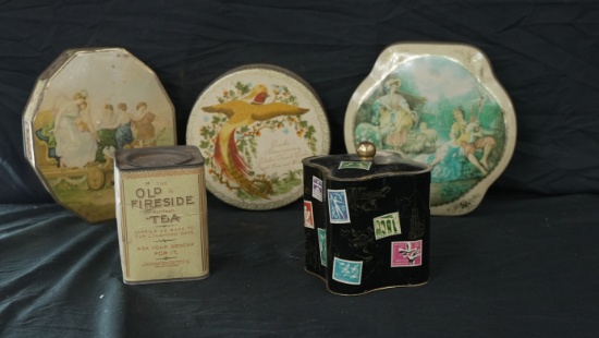 LOT OF 5 VINTAGE TINS-SEE PHOTOS OLD FIRESIDE TEA