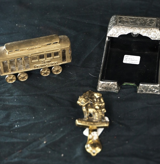BAG LOT OF MISC METAL ITEMS & SILVER PAD HOLDER