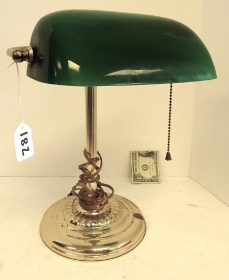 GREEN GLASS SHADE STUDENTS LAMP 13.5" TALL