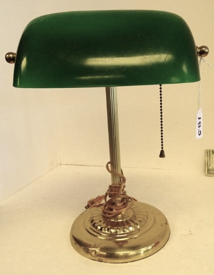 GREEN GLASS SHADE BRASS STUDENTS LAMP 13" TALL
