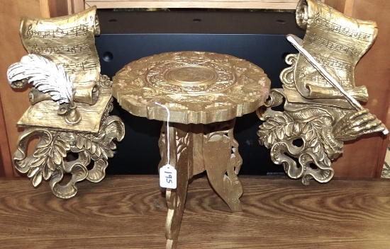 DECORATIVE ROUND TABLE AND 2 MUSIC WALL HANGINGS