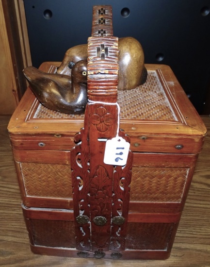 10" SQ WOODEN SECTIONAL BOX & CARVED PUPPY & DUCK