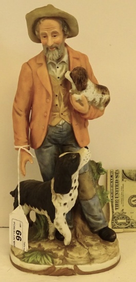 PORCELAIN MAN & SPANIEL DOGS FIGURINE 11" TALL