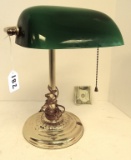 GREEN GLASS SHADE STUDENTS LAMP 13.5