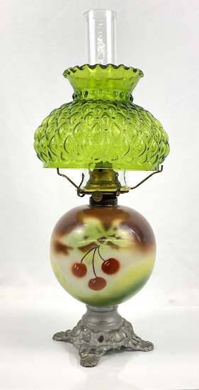 VINTAGE KEROSENE LAMP CHERRY DECORATED 20"