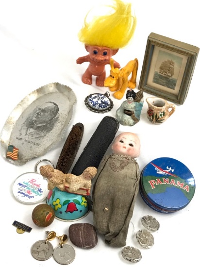 COIN EARRINGS, ADVERTISING TIN, COIN TRAY, DOLL,