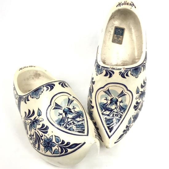 BLUE AND CREAM WOODEN SHOES MADE IN HOLLAND