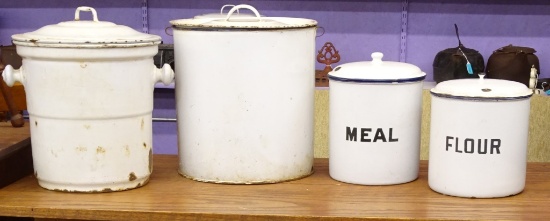 FOUR LARGE PIECES OF WHITE ENAMEL WARE