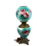 EARLY GWTW ELECTRIFIED LAMP TEAL W/PINK FLOWERS