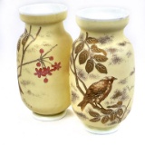 PAIR OF GLASS VASES WITH GOLD BIRD ON BRANCH