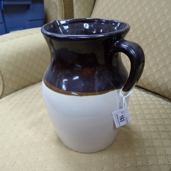 BROWN & WHITE HANDLED POTTERY PITCHER 10" TALL
