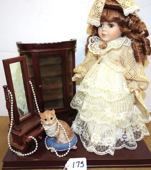 DOLL MOUNTED ON BOARD WITH FURNITURE AND CAT 13"