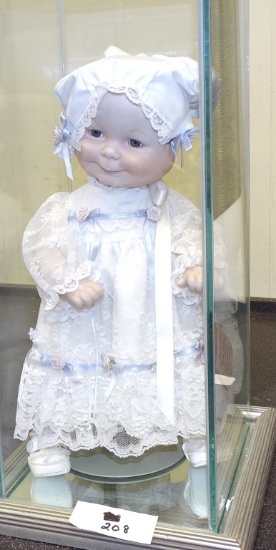 BEAUTIFUL DOLL IN GLASS CASE 17" TALL