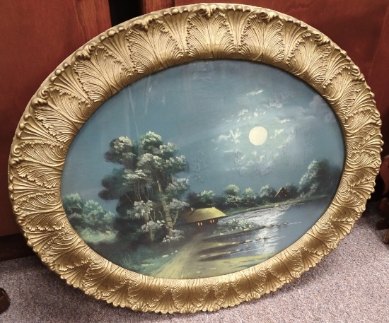 VINTAGE OVAL FRAMED MOONLIGHT SCENE 18"X25"