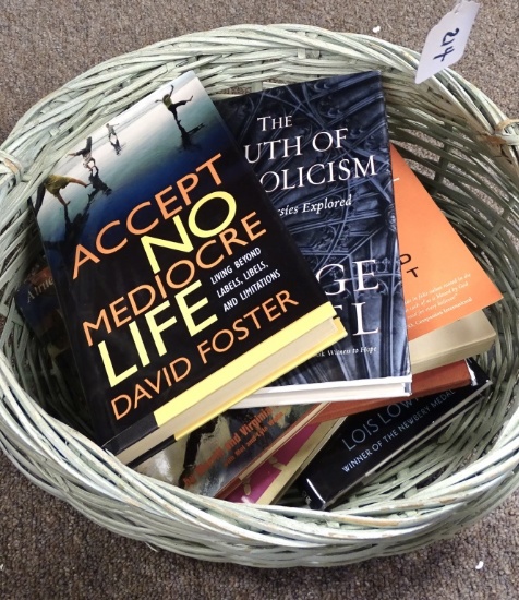LARGE GREEN BASKET & LOT OF INSPIRATIONAL BOOKS