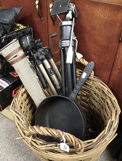 2 PRIMITIVE BASKETS,CAMERA TRIPODS & IRON PAN