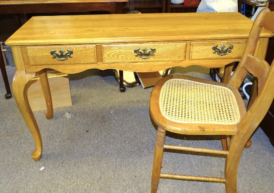 OAK 3 DRAWER DESK WITH CANE BOTTOM CHAIR