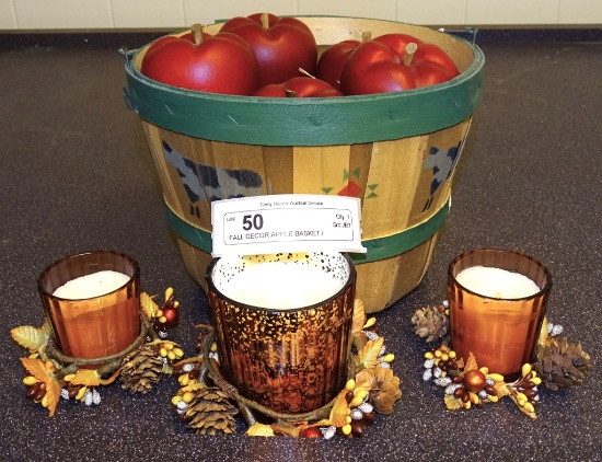 FALL DECOR APPLE BASKET / WOODEN APPLES & CANDLES
