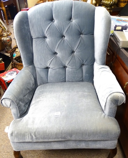 BLUE UPHOLSTERED  WING BACK CHAIR
