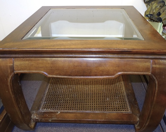 GLASS TOP CANE BOTTOM TABLE 28"X28"X21" HIGH