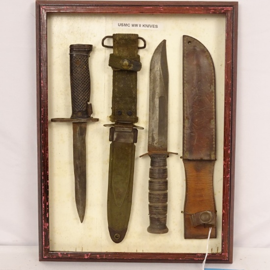 WW 2 DISPLAY OF USMC KNIVES WITH SHEATHS