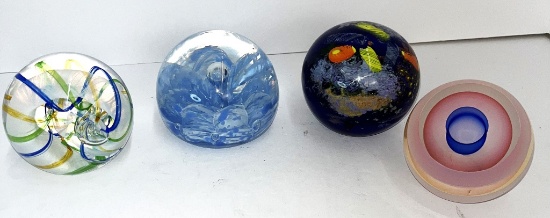 FOUR LARGE ART GLASS PAPERWEIGHTS 3 TO 3.5" DIA.
