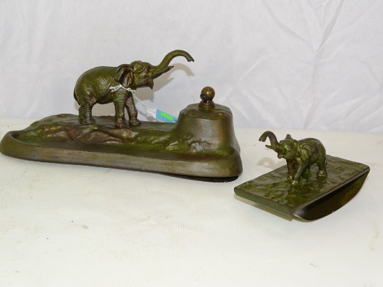VINTAGE BRONZE ELEPHANT DESK SET & BLOTER