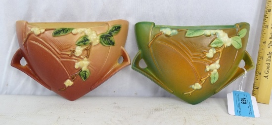 TWO ROSEVILLE SNOWBERRY WALL POCKETS  PINK & BROWN
