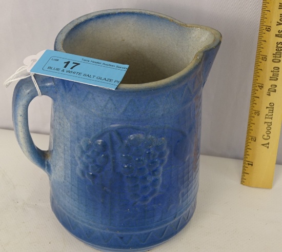 BLUE & WHITE SALT GLAZE PITCHER 7" TALL