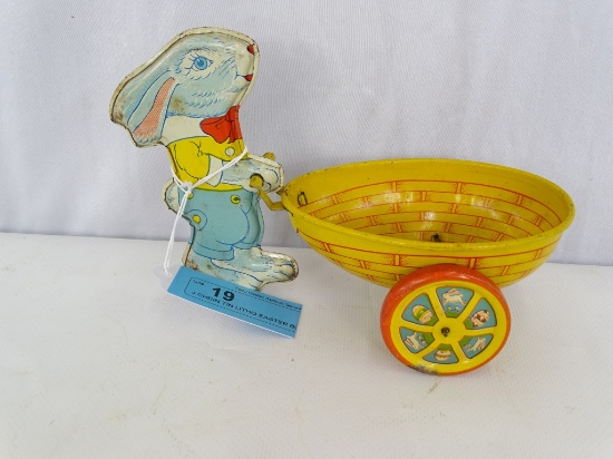 J CHEIN TIN LITHO EASTER BUNNY PULLING CART