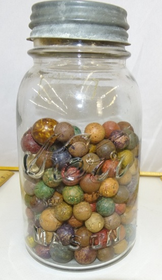 LOT OF OVER 200 CLAY MARBLES IN kERR MASON JAR