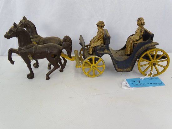 VINTAGE CAST IRON HORSE & CARRIAGE W/MAN & WOMAN