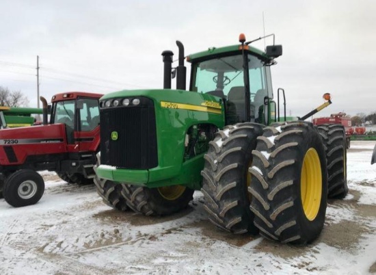 92620- JD 9520 4WD TRACTOR, 710/70-42 TIRES, REAR WEIGHTS, 4 HYDRAULIC, 3391 HRS SHOWING, 2 OWNER,