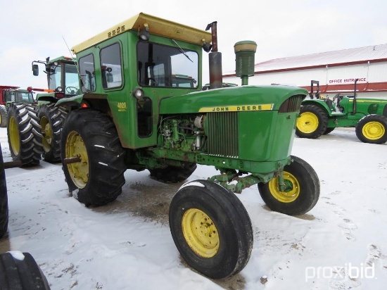 92983- JOHN DEERE 4020 DIESEL, SYNCRO, CAB, 3PT. W/QUICK HITCH, PTO, 2 HYDRAULICS, 18.4-34 TIRES,
