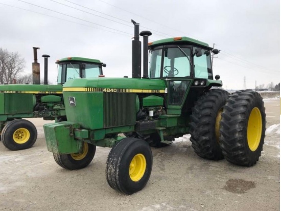 93036- JOHN DEERE 4840 TRACTOR, CAB AIR/HEAT, POWER SHIFT, FRONT WEIGHTS, 20.8-38 TIRES W/DUALS,