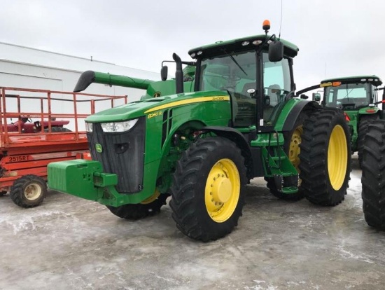 93144- JOHN DEERE 8260R TRACTOR, MFWD, CAB AIR/HEAT, 480/80/50 TIRES W/DUALS, REAR WEIGHTS, FRONT