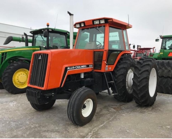 93154- ALLIS CHALMERS 8050 TRACTOR, CAB AIR/HEAT, FRONT WEIGHTS, 18.4-38 TIRES W/DUALS, 3PT., PTO, 3